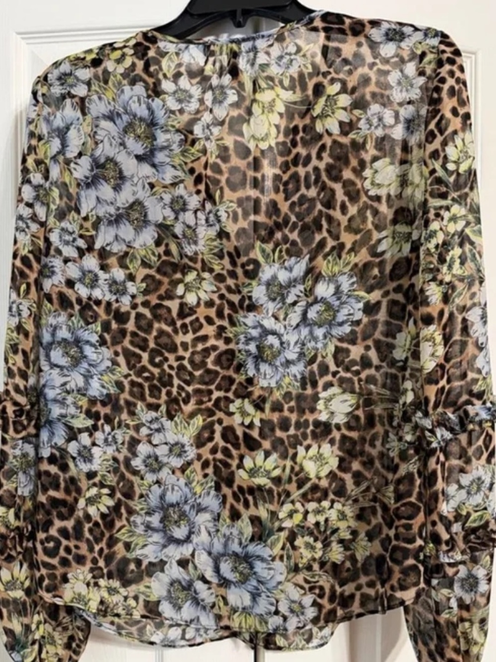 WHBM Floral Sheer Leopard Print Blouse Large Brown Blue - Picture 2 of 6